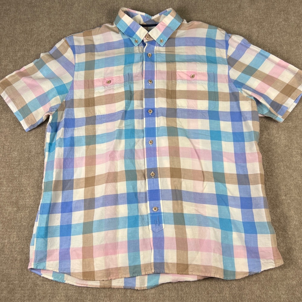 Johnnie-O Hangin' Out Plaid Linen Blend Button Up Short Sleeve Shirt Men's XL - Picture 2 of 8